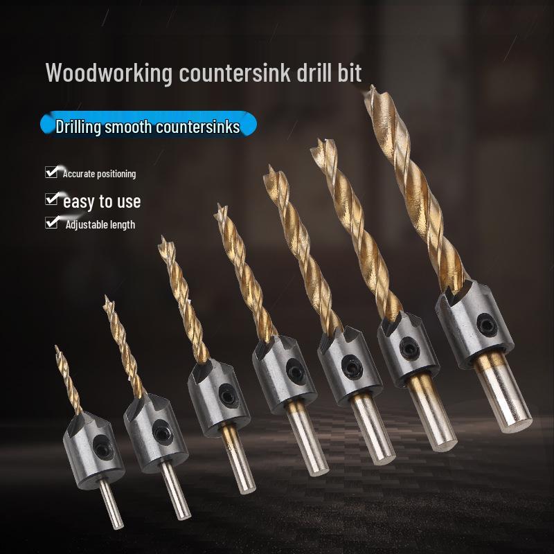 7-Piece Adjustable Woodworking Countersink Drill Bit Set, Three-point Chamfering, High-Speed Steel Twist