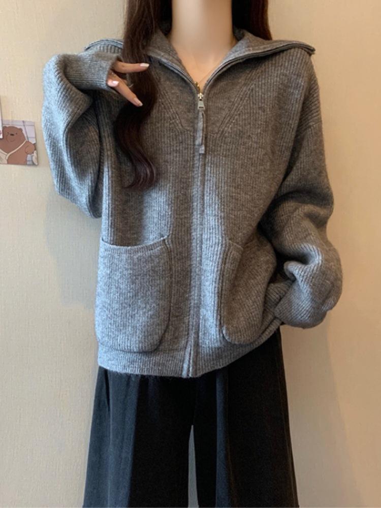 Women's Plus Size Grey Knit Zipper Lapel Cardigan