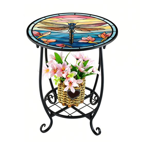 Huaqianguhh Outdoor Side Table, Round Small Mosaic Bird Butterfly Patio Accent, Indoor End Plant Coffee Tea Table for Yard Porch Garden Living