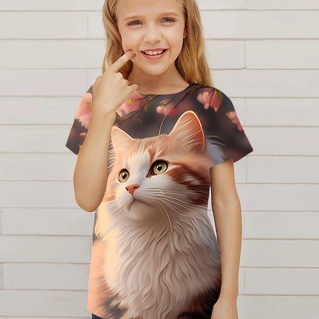 

2025 Детская одежда Повседневная 3D кошка Графический короткий рукав Топы Футболка Детская одежда для девочек от 2 до 8 лет Лето Открытый 140