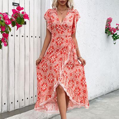 Summer Women's Dress V-Neck Wrap Long Floral Dresses