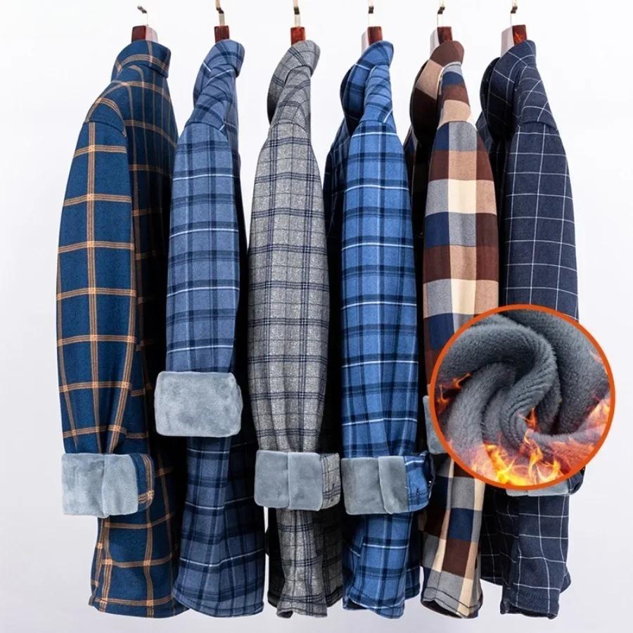 New 2026 Men's Warm Long Sleeve Plaid Design Shirt Autumn Winter Fleece and Thick Warm Men's Casual Shirts Large Size Shirt 5XL