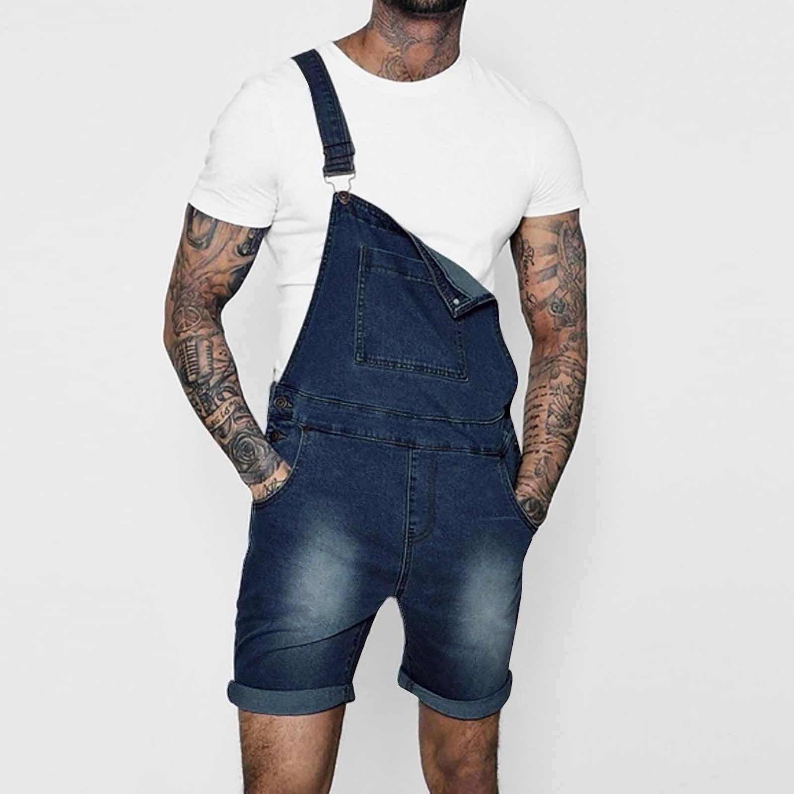 

Mens Mutil Pocket Jeans Overall Jumpsuit Streetwear Overall Suspender Pants XXL темно-синього кольору