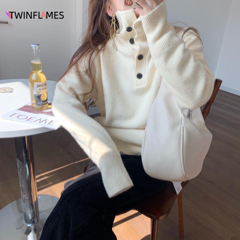 Korean Style Cashmere Sweater Turtleneck Women's Jumper Autumn Winter Buttons Loose Pullover Long Sleeve Knitwear