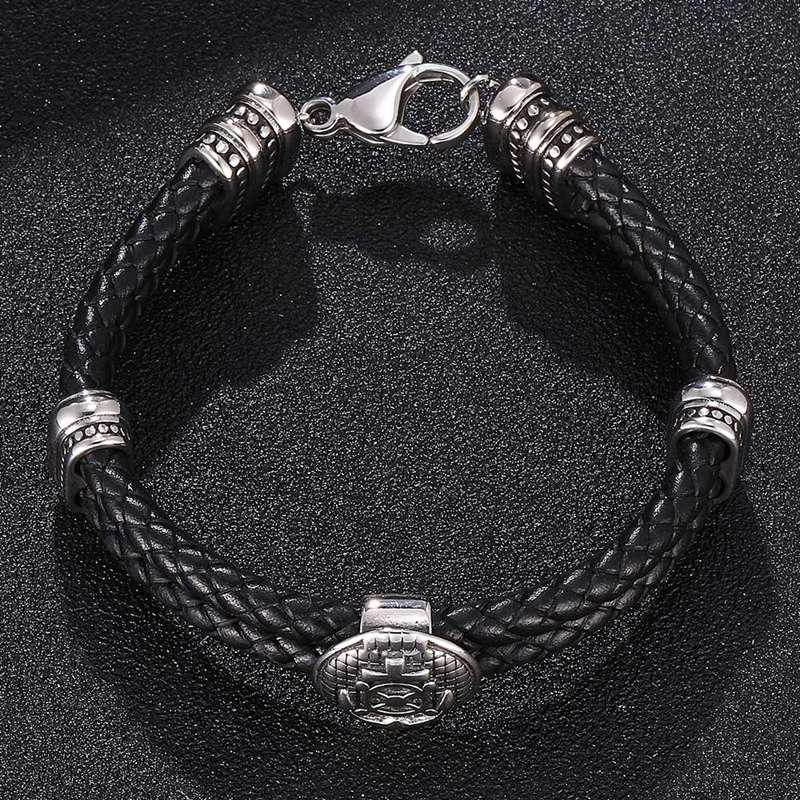 Punk Genuine Braided Men Leather Bracelet Bangles Shield Stainless Steel Lobster Clasp Bracelet Jewelry Gifts