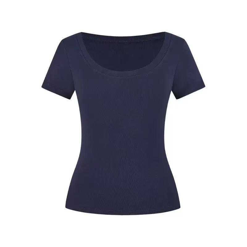 

Ribbed Cropped U-Neck Cut-Out T-Shirt for Women - Pure Desire Style, Solid Color, Short Sleeve. S (35-43 kg) темно-синий