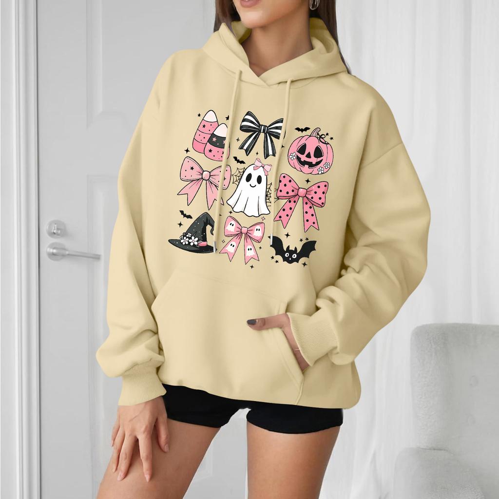 Women's Casual Fashion Comfortable Round Neck With Hood Long Sleeve Halloween Print Warm Sweatshirt