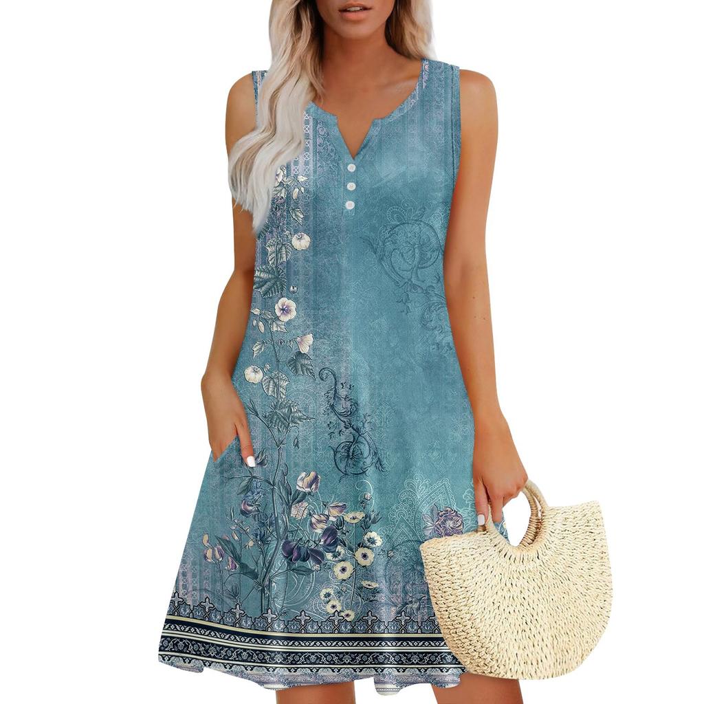 Damen Sommerkleider Lockeres V-Ausschnitt Ärmelloses Sommerkleid Kleid Mit Taschen