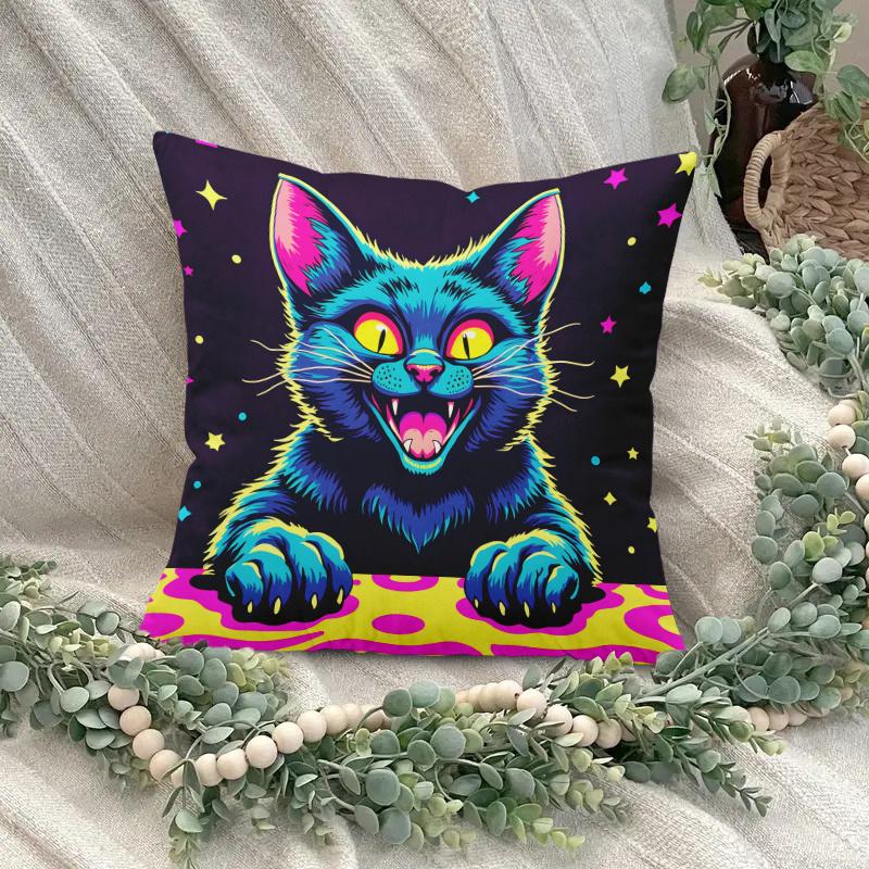 Neon Party Cat Pillow Cover 2D Printed Polyester Sofa Cushion Case – Vibrant Design For Home, Beach & Camping Decor