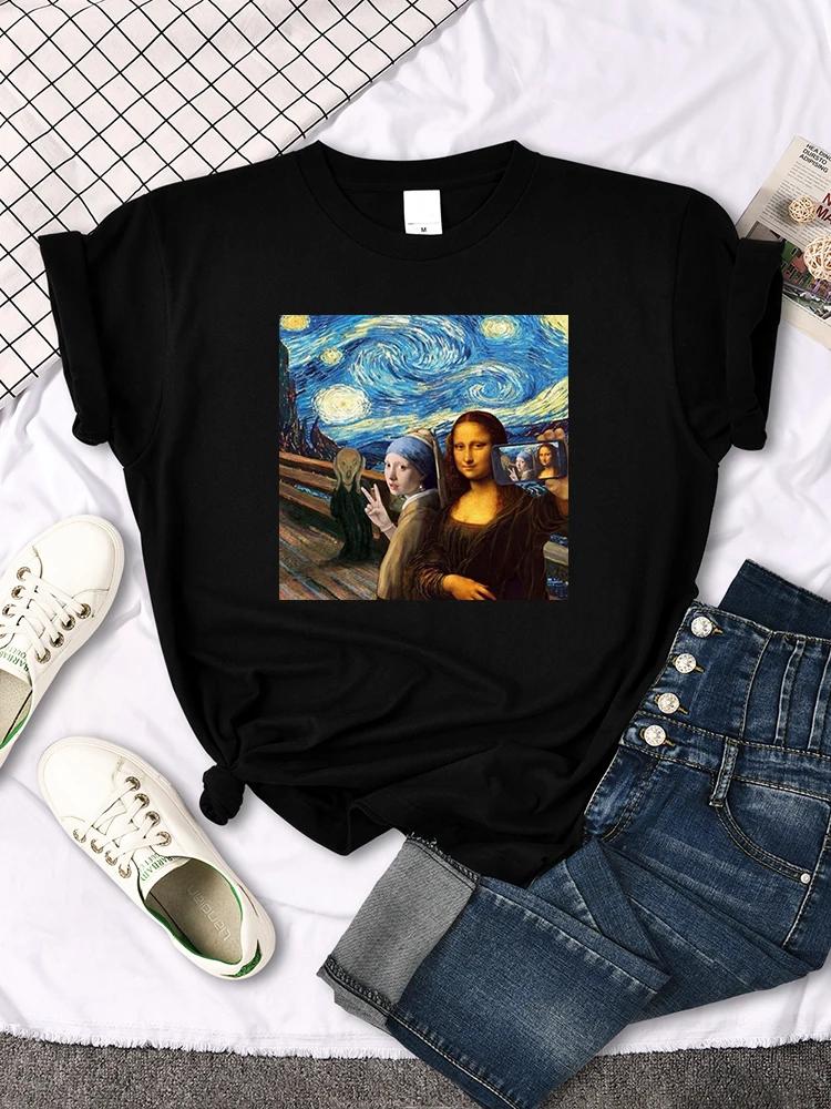 Mona Lisa T Shirts Funny Cat Lovely Cute Printed TShirt for WomenS Crewneck Gothic Women Tshirt Casual Female Tee Shirts