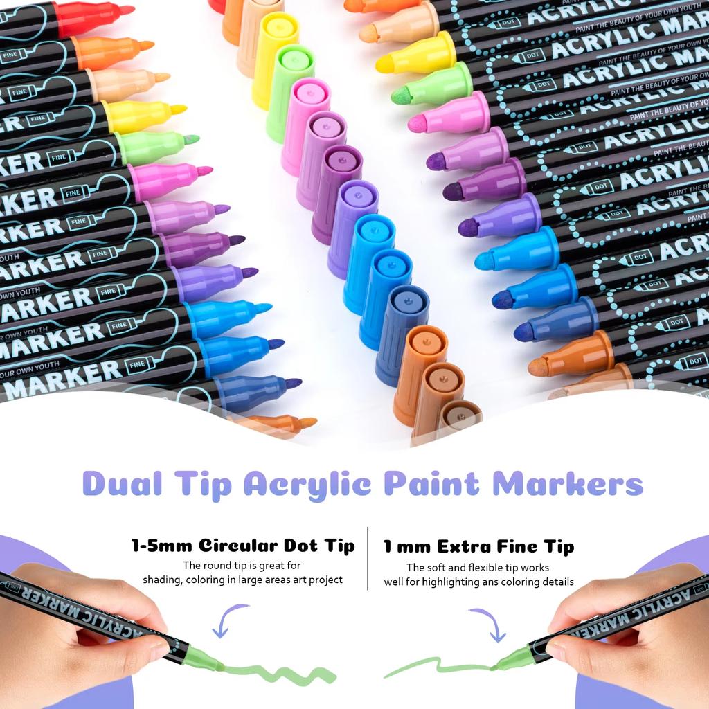 Dual Tip Acrylic Paint Pens Set - 12/24/36/48 Colors for Wood Canvas Stone Rock Painting Glass Ceramic DIY Crafts Markers