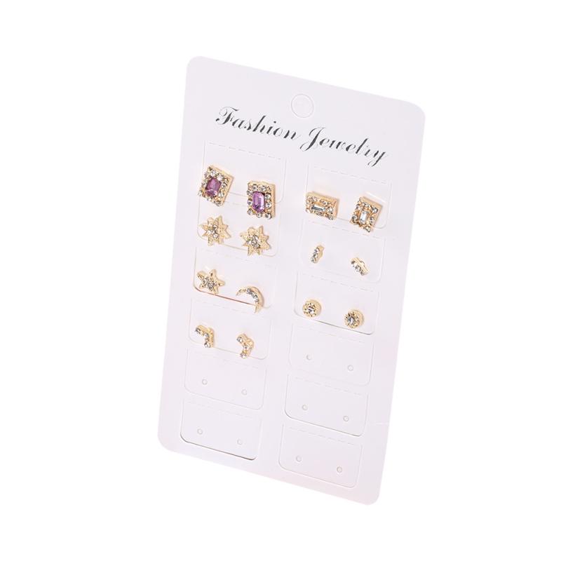 7 Pairs Ear Stud Delicate Artificial Gemstone Inlaid Earrings Love Star Moon Square Shape Elegant