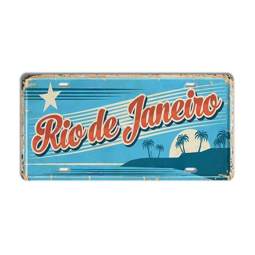 Vintage BRAZIL Landmark License Plate Rio De Janeiro Metal Sign City State Decorative Car Plate Bar Pub Garage Club Wall Decor