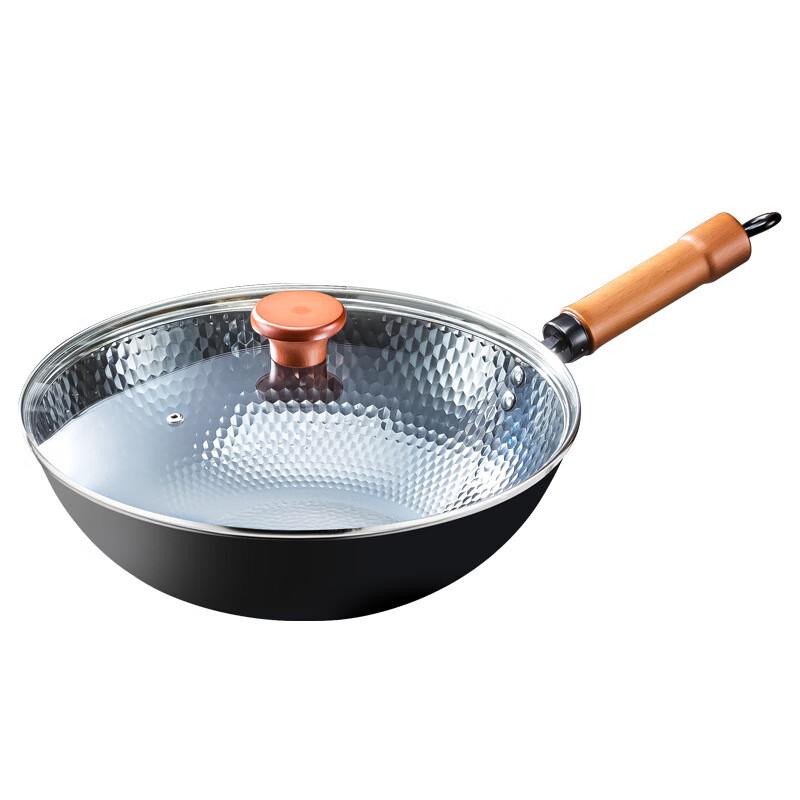 San Jia Long 34cm Fine Iron Flat-Bottom Wok with Glass Lid