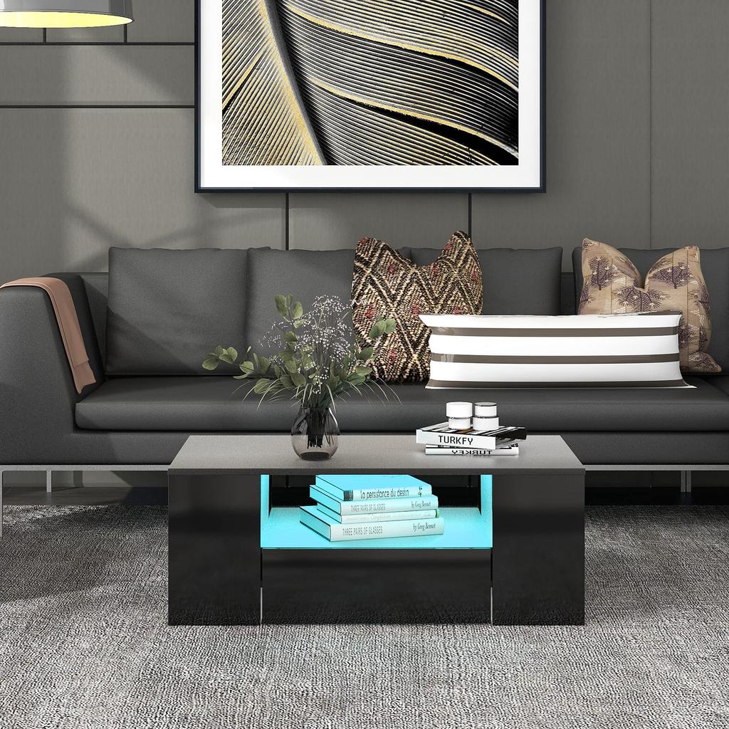 Modern Coffee Table High Gloss With LED, Side Tables for Living Room, Sofa Table, 2 Drawers 2 Shelf Sofa (95 X 53 X 37cm) (Black)