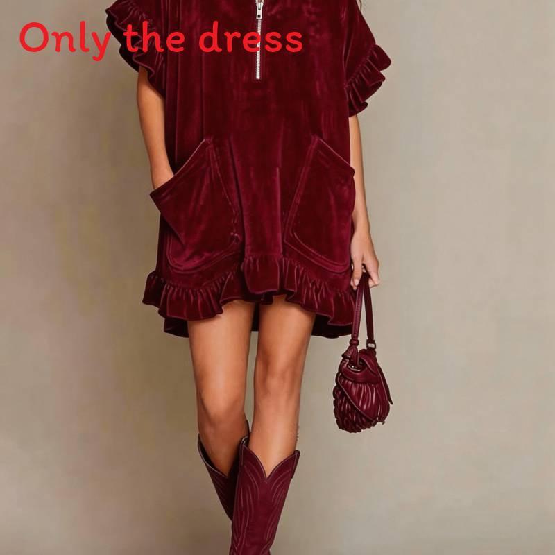 Streetwear A-Linien-Kleid mit Reißverschluss und Rüschenärmeln für Freizeit, Reisen oder Party