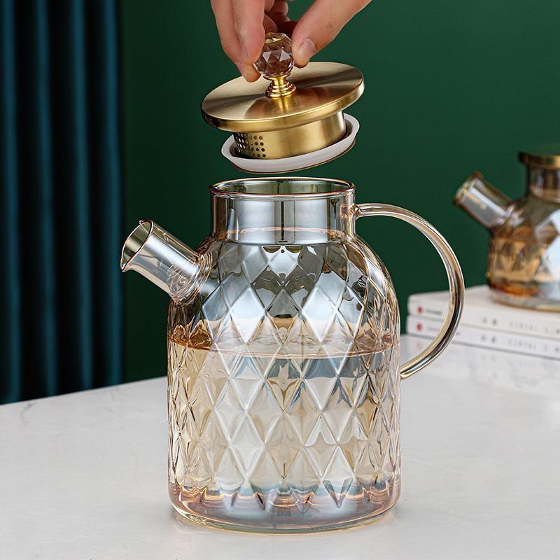 Amber color Diamond Glass Household Kettle Heat-resistant thickened glass household juice flower teapot 1750 ml