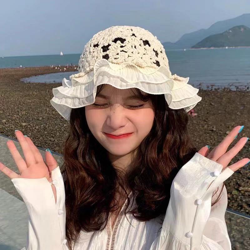 Fashion Woman Lace Knit Hollow Bucket Hats Crochet Thread   Flower Cute Girls' Sweet Romance Sunshade Knitted Breathable Hats