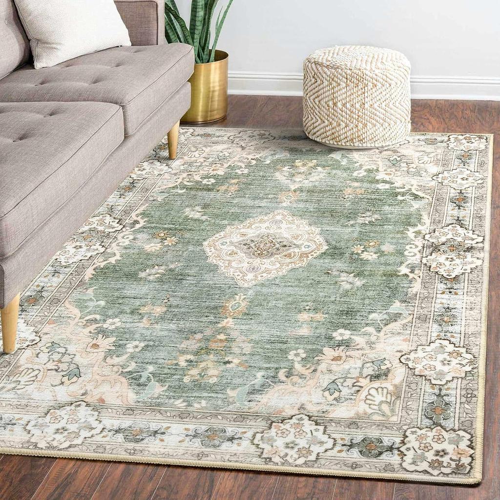 Green Boho Area Rugs for Bedroom Washable Rugs Abstract Soft Persia Carpet for Living Room Laundry Room Kitchen Non Slip Carpet