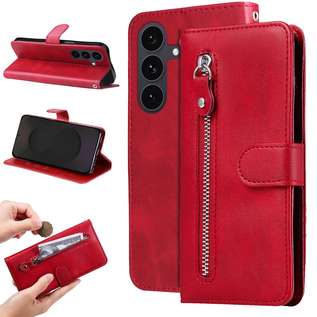 For Samsung Galaxy S25 FE PU Leather Cases with Zipper Pocket Wallet Phone Cover Stand