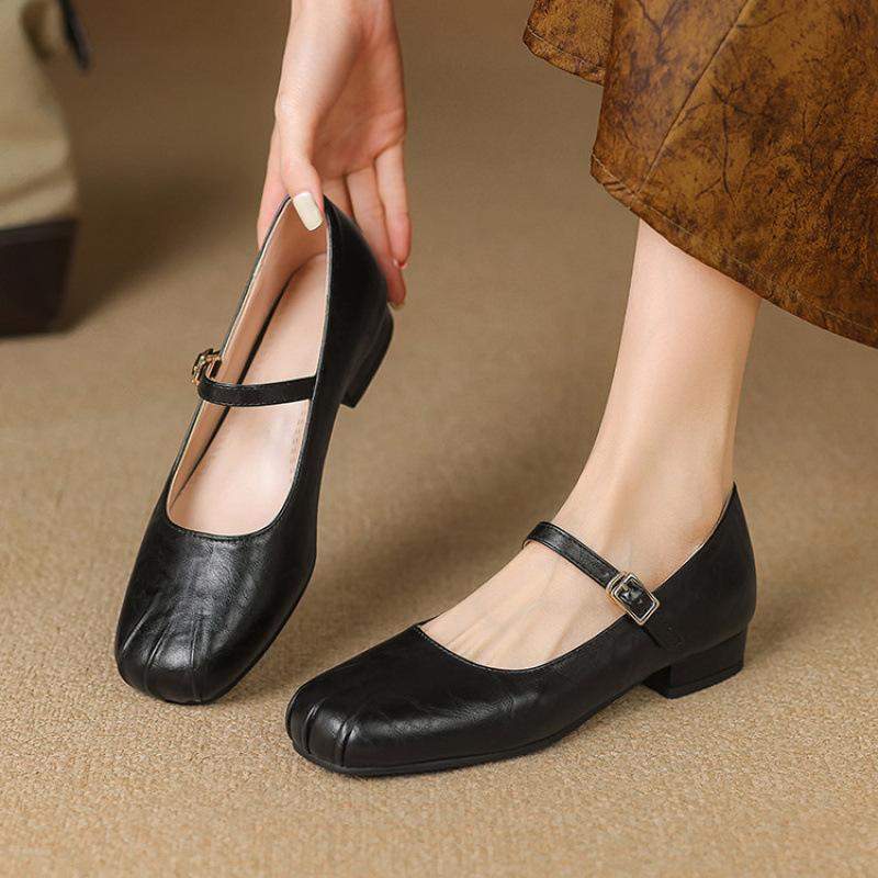 New Four-season Leather Shoes Casual Solid Color Buckle Women's Low-top Shoes Single Shoes Low-heeled Flat Shoes Square Head Square Heel