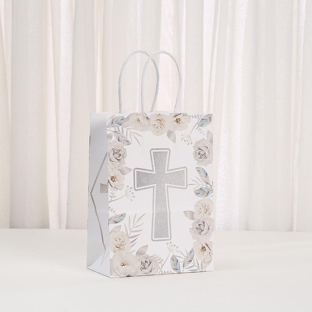 StoBag, God Bless Floral Cross Gift Tote Bags, Perfect for Baptisms, First Communion Weddings Christian Party Supplies