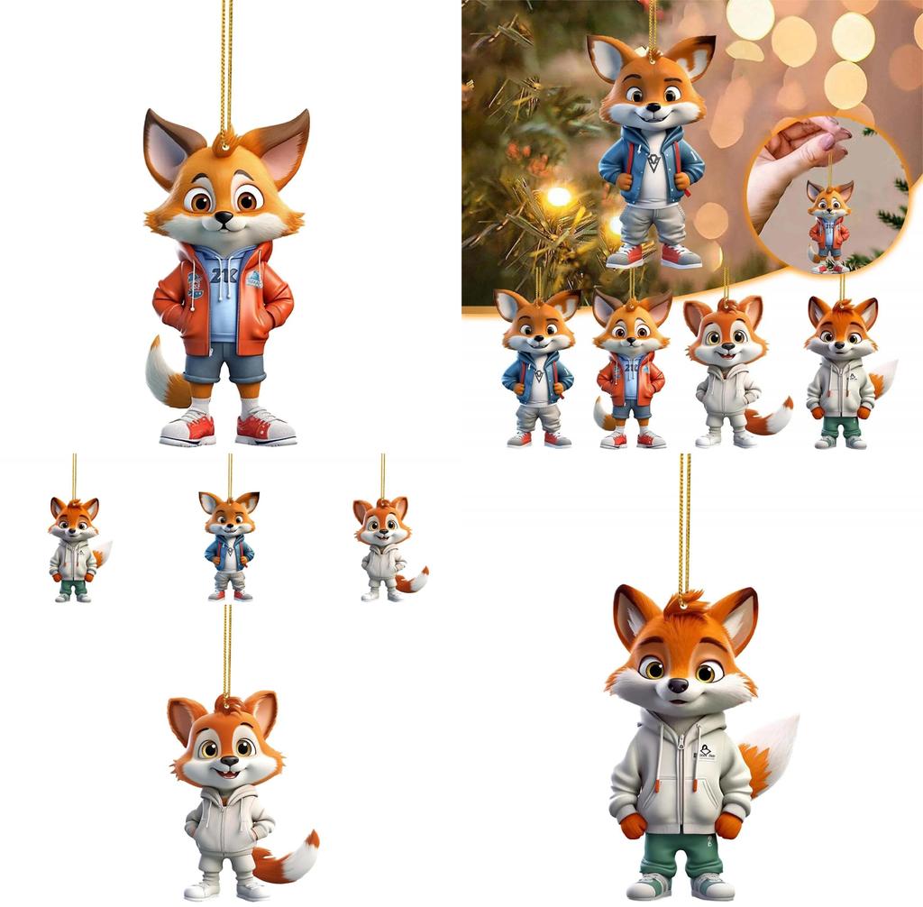 Adorable Cartoon Fox Acrylic Flat Christmas Tree Ornament For Car Interior Decoration