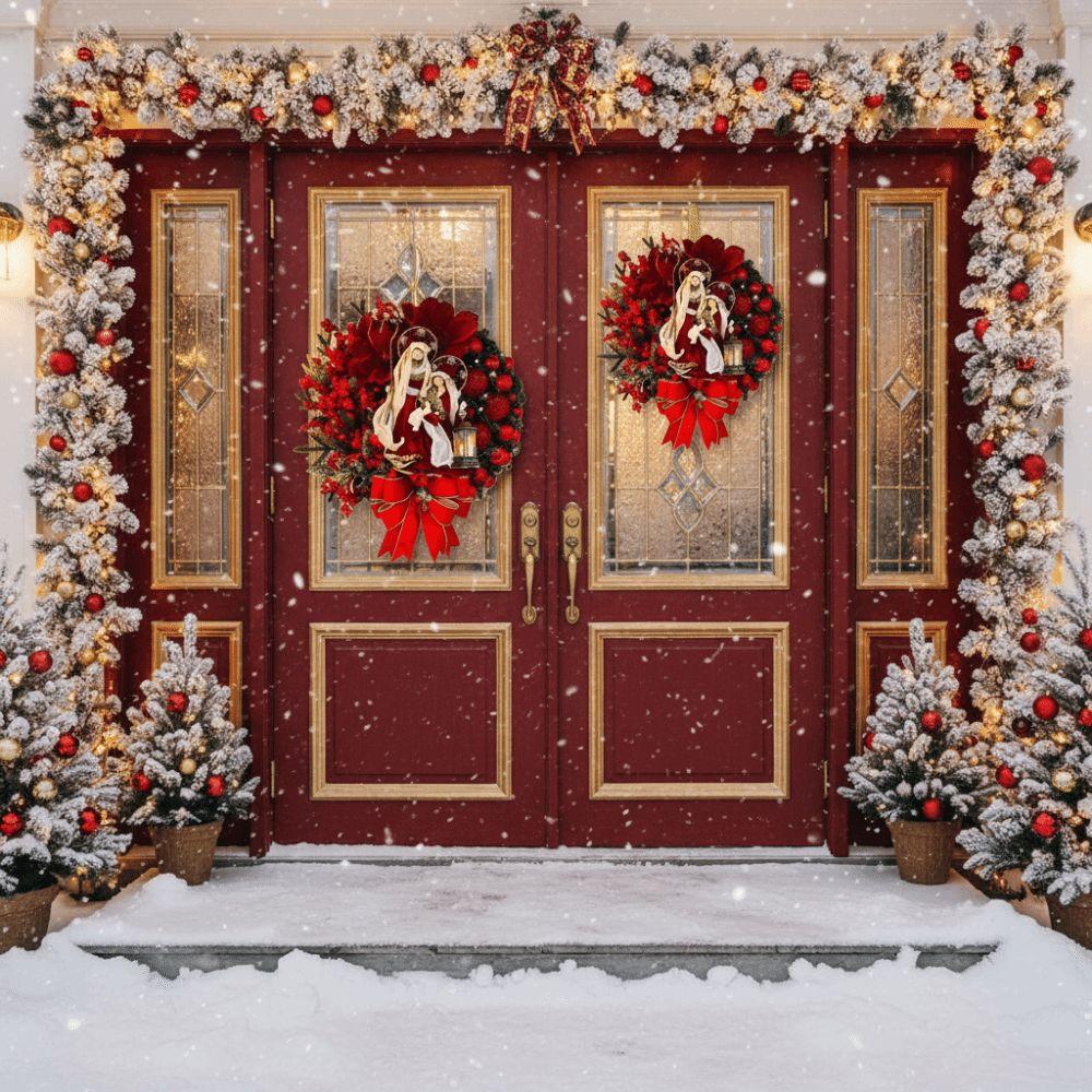 Party Supplies Red Christmas Wreath 2D Wooden Door Hanging Artificial Garland Flat Oil Lamp Christmas Ornaments Fireplace Mantel