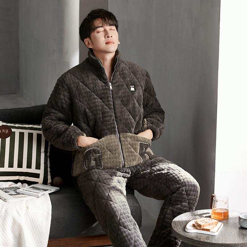 Coral Fleece Pajamas Men'S Winter Thickened Fleece Warm Men'S Autumn And Winter Three-Layer Cotton-Padded Loungewear