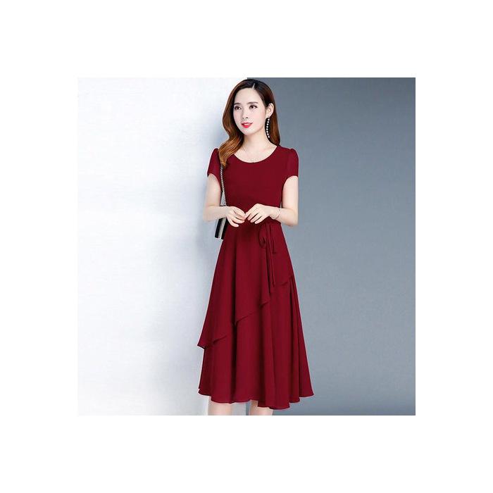 New summer waist and thin age reduction slim temperament medium and long A-shaped round neck large size dress for women M бордовый