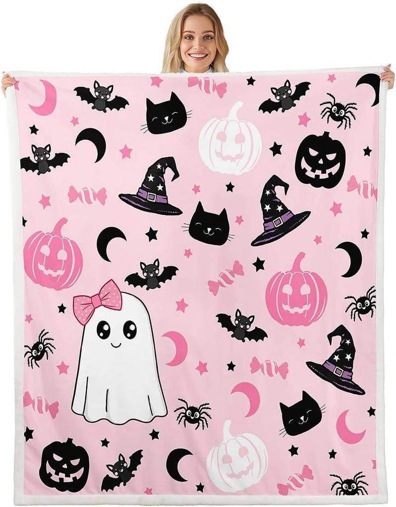 GUOYU Decke Happy Halloween Fleece-Decke Baby Kürbis Geist Feiertags Sherpa-Decke Gotische Fledermäuse Florale Pflanzen Flauschige Plüschdecke für Kinder