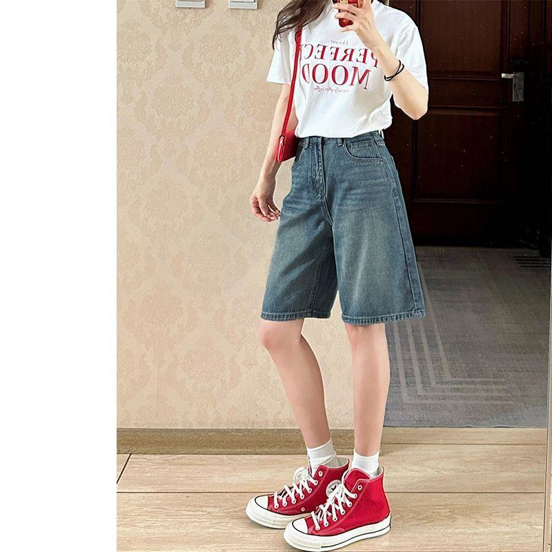 

Women s Loose Wide-Leg Jeans, Thin Retro Blue High-Waisted Versatile Capri Pants, Casual Sports Shorts Vintage Streetwear Denim Shorts XS
