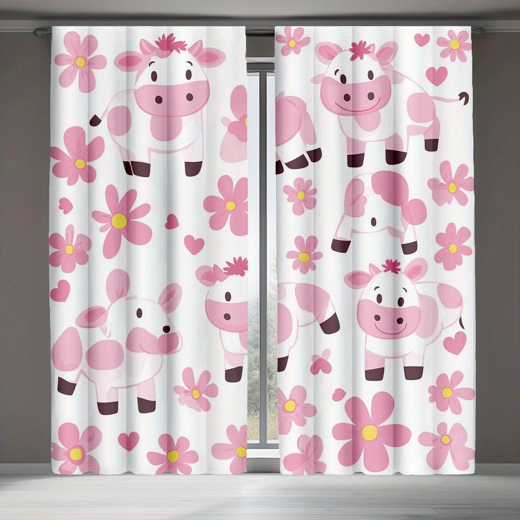 Boho Farmhouse Daisy Curtains Pink Milk Cow Style Living Room Decorative Set Of 2 Made Polyester Decor