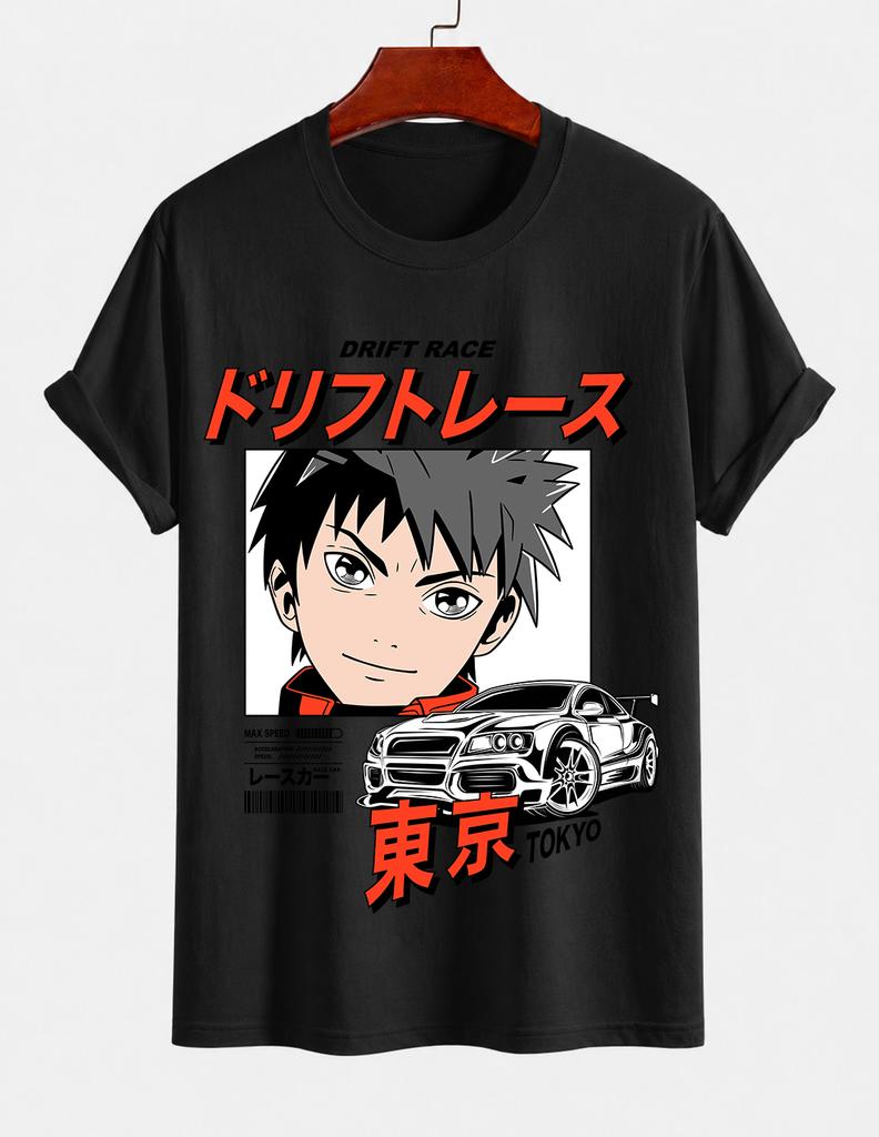 Unisexs Pure Cotton Solid Color Tshirt Tokyo Drift Racing Anime Shonen Print Crew Neck Shortsleeve Street Casual Top
