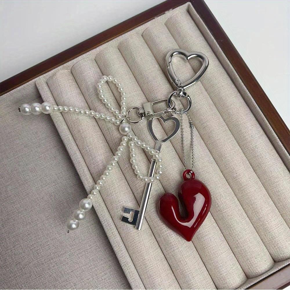 Fashion Red Love Y2k Keychain Korean Charm Bag Pendant Handmade Beaded Bownot Keyring Vintage Red Metal Hanging Accessories