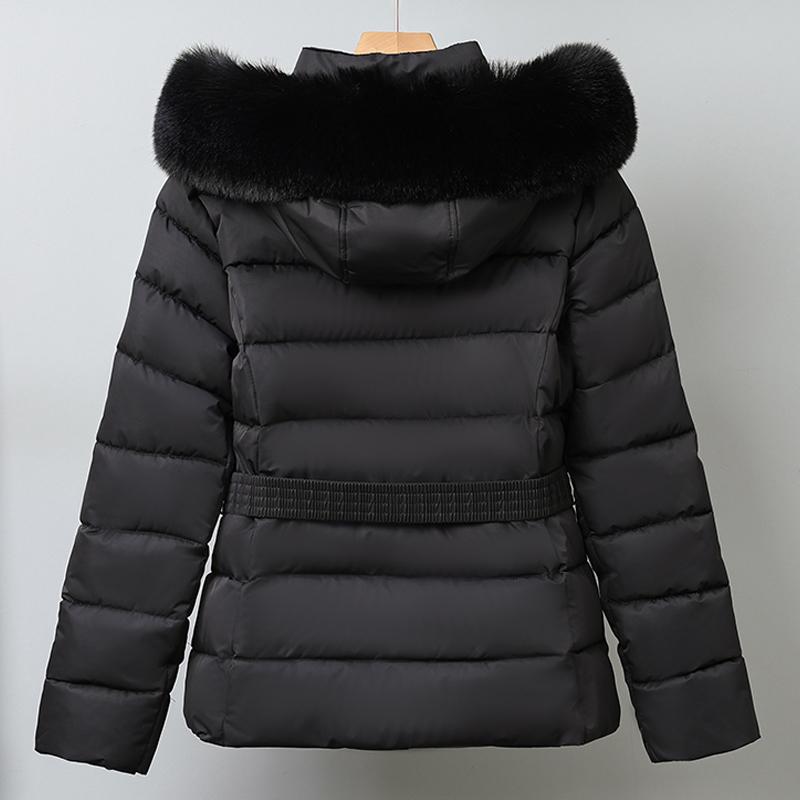 Mote Vinterkåpe Dame Parkas Hette Fuskepelskrage Tykk Varm Damejakker Med Belte