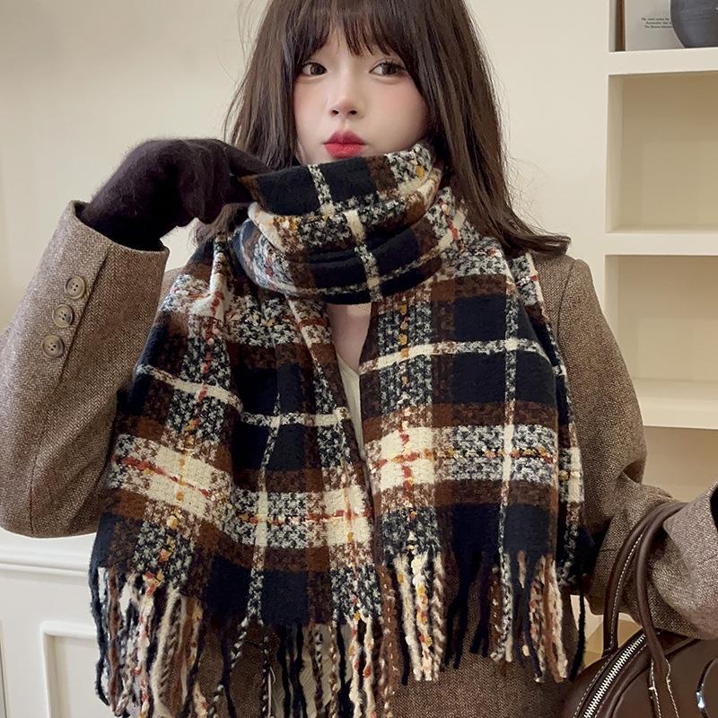 Autumn Winter Korean Campus Style Cheese Plaid Design Soft Faux Cashmere Tassel Warm Scarf