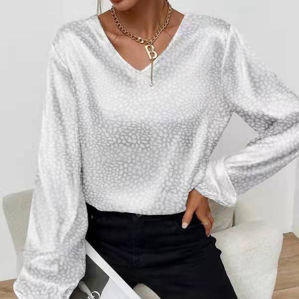 

Пуловер с V-образным вырезом, леопардовая рубашка, женская жаккардовая блузка с длинными рукавами S белый