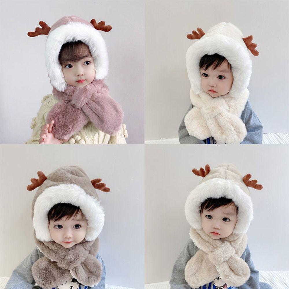 Fashion Cartoon Kids Integrated Cap Scarf Windproof Plush Baby Hat With Scarf Thickening Warm Ear Protection Cap Children