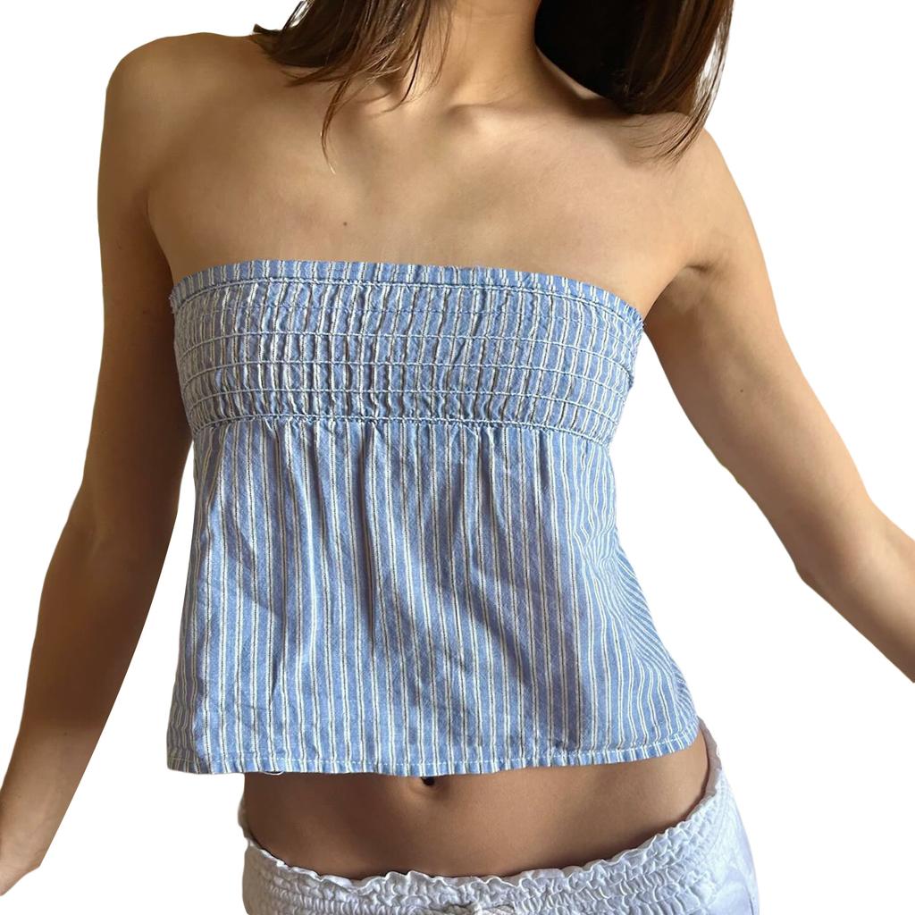 Women Summer Tube Tops Striped Print Tie Bow Off-Shoulder Bandeau Vest Backless Shirts for Streetwear Grunge Clothes