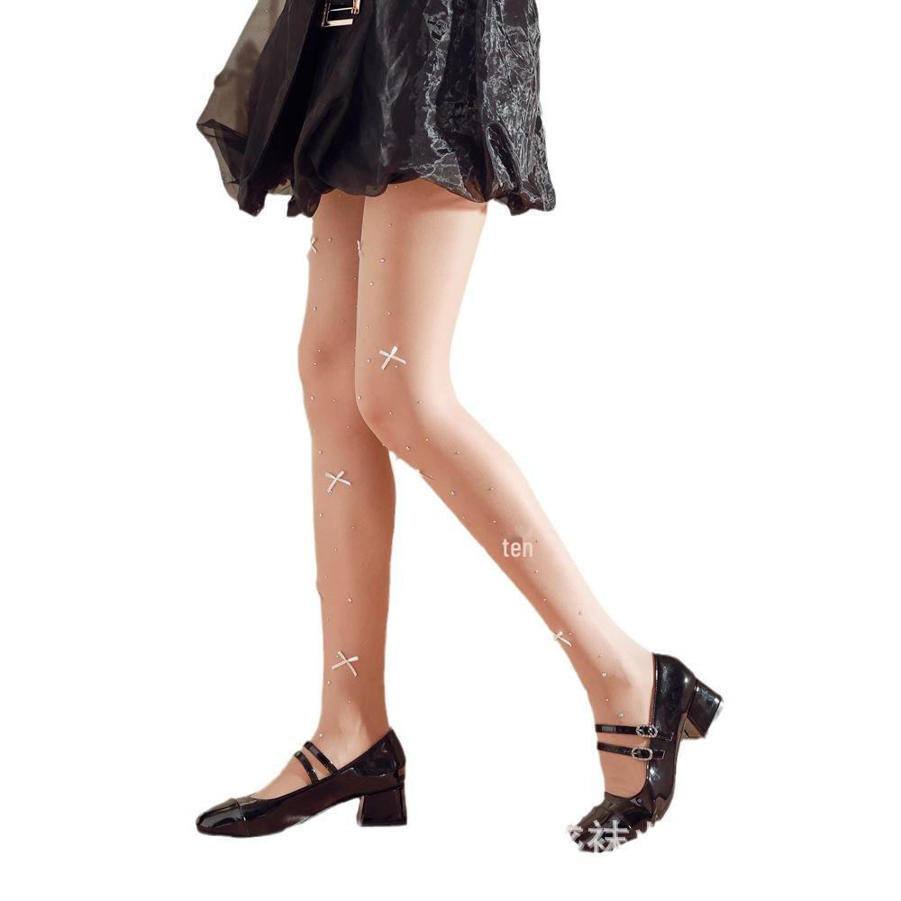 KF24 Handmade Milky White Lolita Pantyhose with Pearl Bow and Pink Flocking.