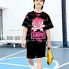 Boys' set of fashionable cartoon pattern 3D printed summer round neck T-shirt and shorts set