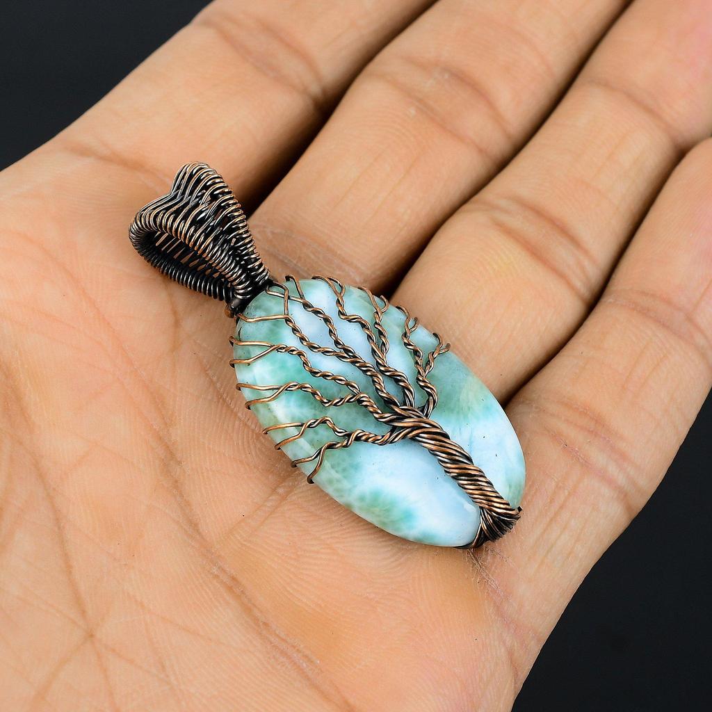 Baum des Lebens Larimar Edelstein Kupferdraht gewickelt handgefertigter Anhänger Schmuck Geschenk für die Liebe