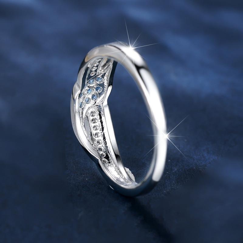 Wish European and American Sea Blue Diamond Edge Inlaid White Diamond Leaf Ring Simple Personality Light Luxury Ring Goods