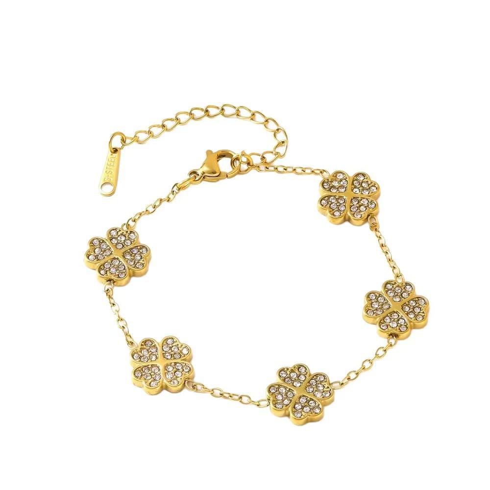 Diamond-Studded Four-Leaf Clover Gold Bracelet for Women, Fashion Titanium Steel Jewelry