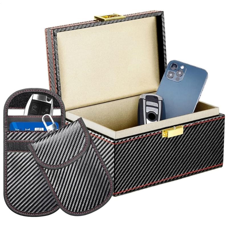

Signal Blocking Box And Secure Bags Set For Vehicle Access Devices With Electromagnetic Protection And Leather Texture Design 1