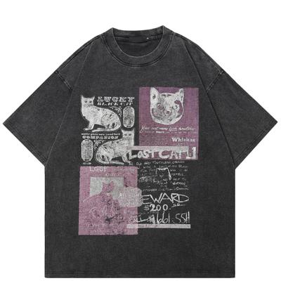 Maglietta grafica streetwear con gatti divertenti, in cotone lavato, nera, unisex, top e maniche corte.