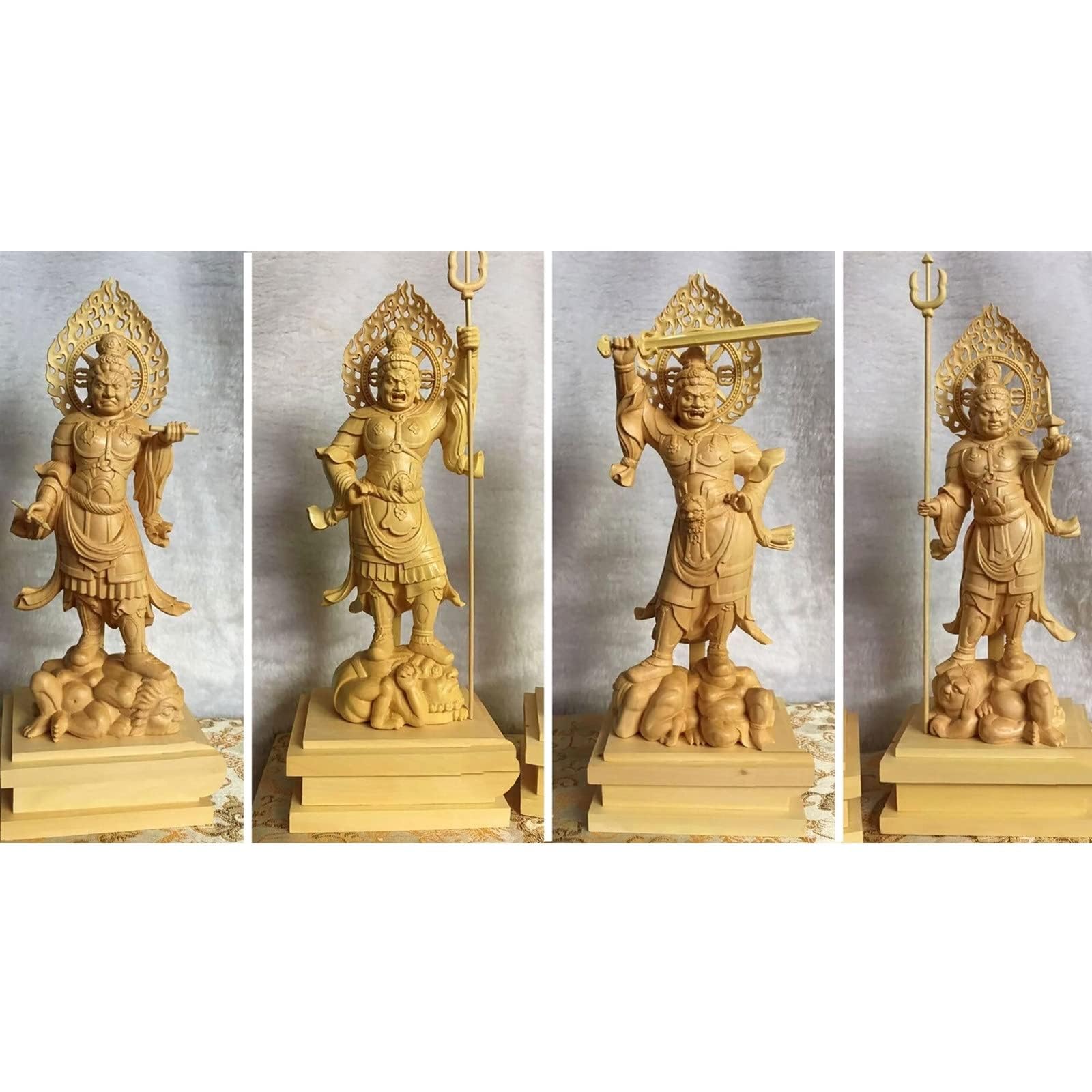 Four Heavenly Kings Statues of Tsuge Statue Figures Feng Shui Pray Warm off evil Wood Carved Buddha Statue Height (Set 4) Tree_Buddha (Jikokuten,