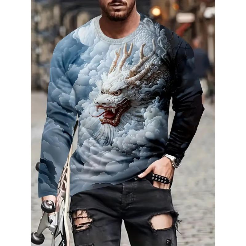 Vintage Men's Long Sleeve T-shirt 3D Golden Dragon Printed T Shirts Harajuku Oversized Top Casual Men's Outdoor T-Shirt Pullover
