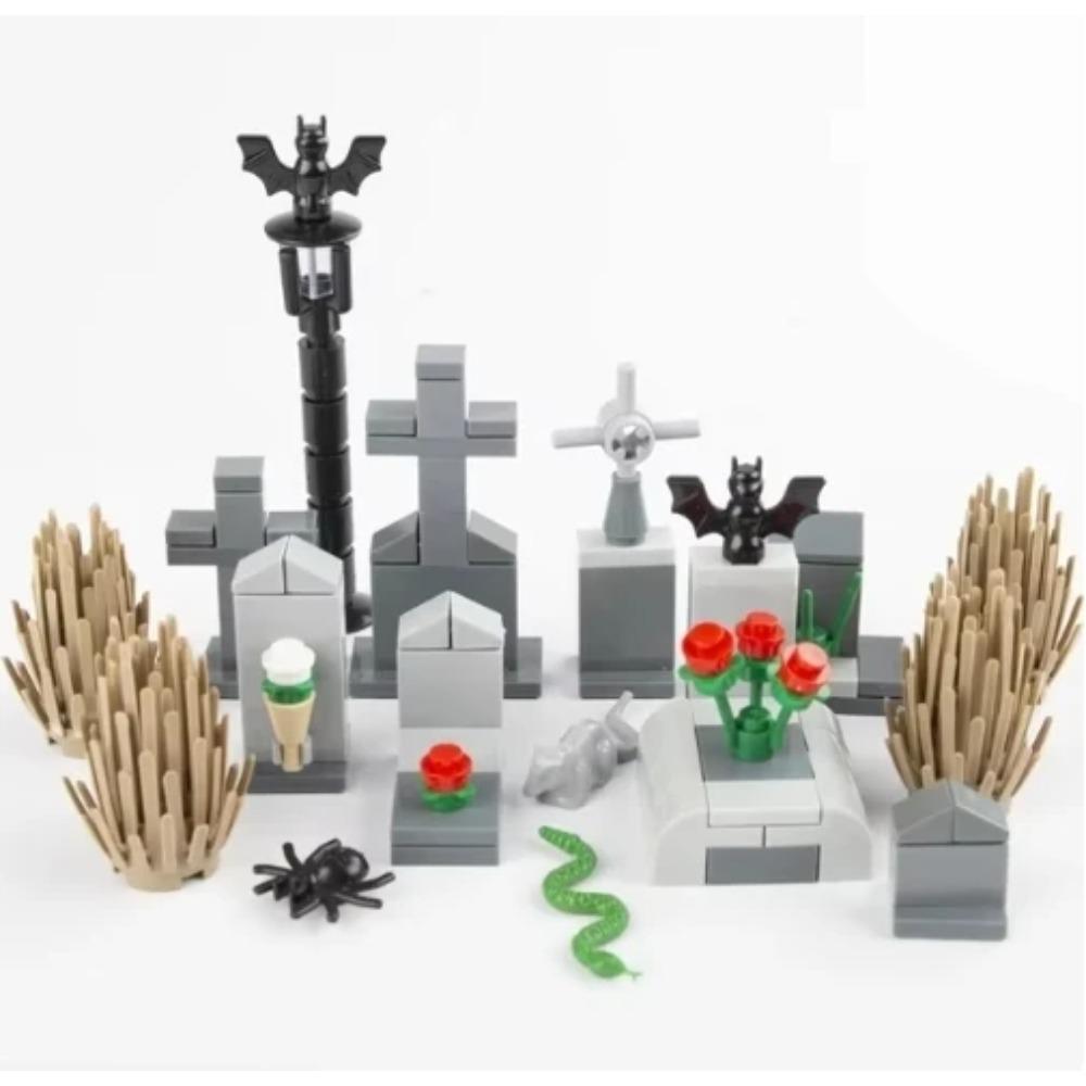 Halloween Scene Building Blocks MOC Cemetery Tombstone Mouse Pumpkin Car Vampire Throne Fireplace Bat Light Candle Toy Gift A040